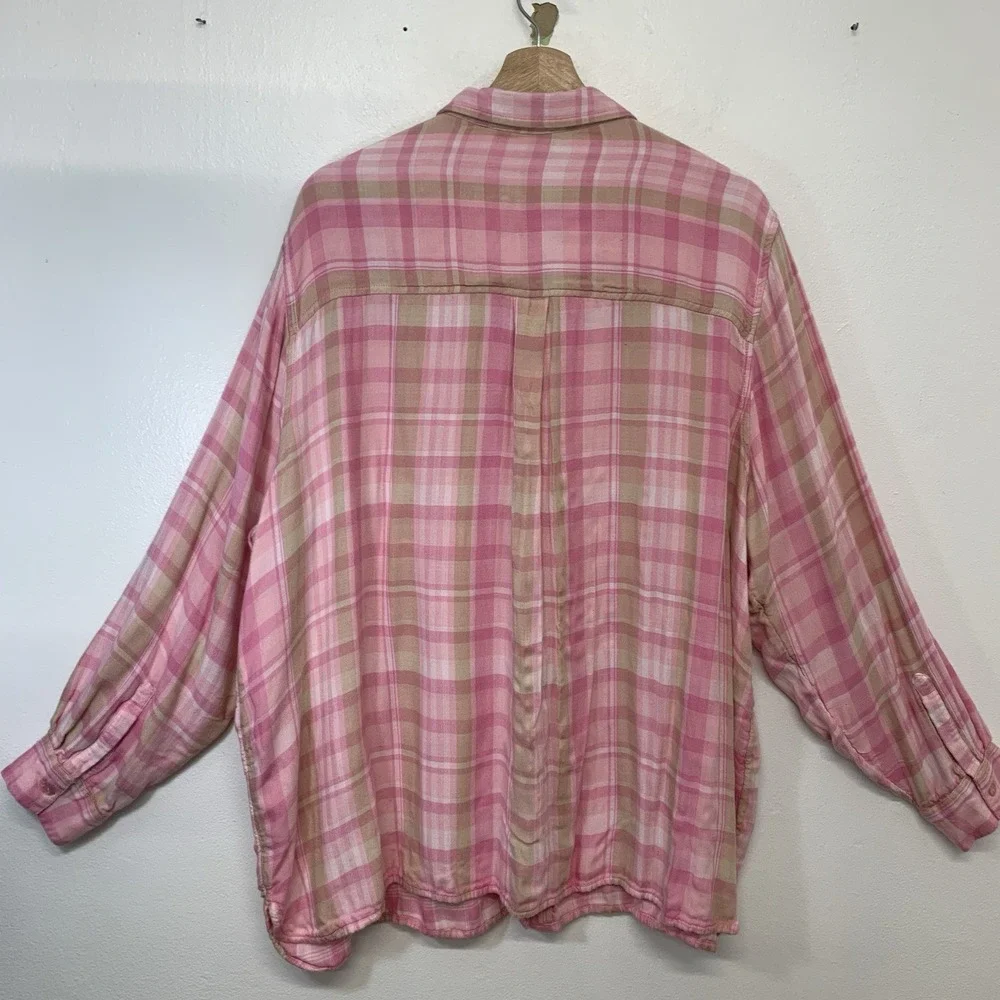Encore Idina Menzel Pink Plaid Button‎ Front Soft Flannel Shirt Woman 2X Casual